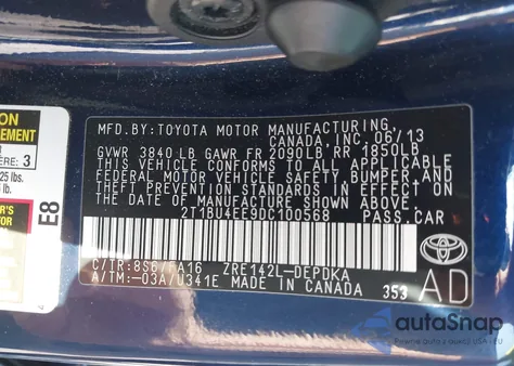 2013 Toyota Corolla L из США, поврежденный, VIN 2T1BU4EE9DC100568